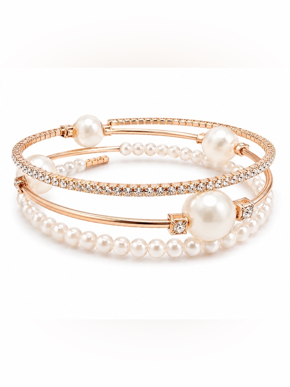 Rose Gold Faux Pearl & Crystal Multi-Row Bangle Bracelet